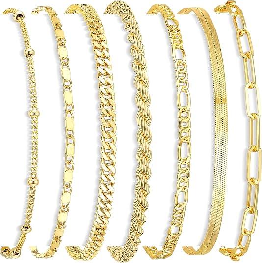 Mother Day Gift 7PCS 14K Plated Bracelet Set for Women – Dainty Layered Cuban Link, Herringbone & Paperclip Stackable Bracelets, Fashion Jewelry Gift