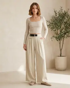 Women's High-Waist Pleated Loose Wide-Leg Polyester Pants with Buckle Belt, Solid Bottom