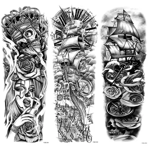 3 Skull Temporary Body Tattoos, Pirate Ship Compass Map Design for Men and Women, Realistic Waterproof Sleeve Stickers for Halloween