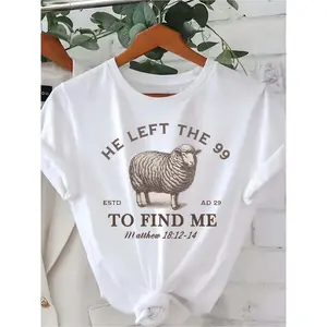 Women'S He Left Women'S Pattern Print T-Shirt, 99, Short Sleeve Round Neck Casual Top With Sheep Pattern And Bible Verses, Machine Washable, Four Seasons Comfortable, Loose Fit T-Shirt, Digital Print Shirt, Soft Fabric, Suitable For Easter summer clothes
