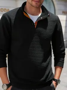 Men's Textured Mesh Knit Quarter-Zip Sportswear, Casual Henry Top with Snap Buttons, Comfortable and Stylish Men's Apparel