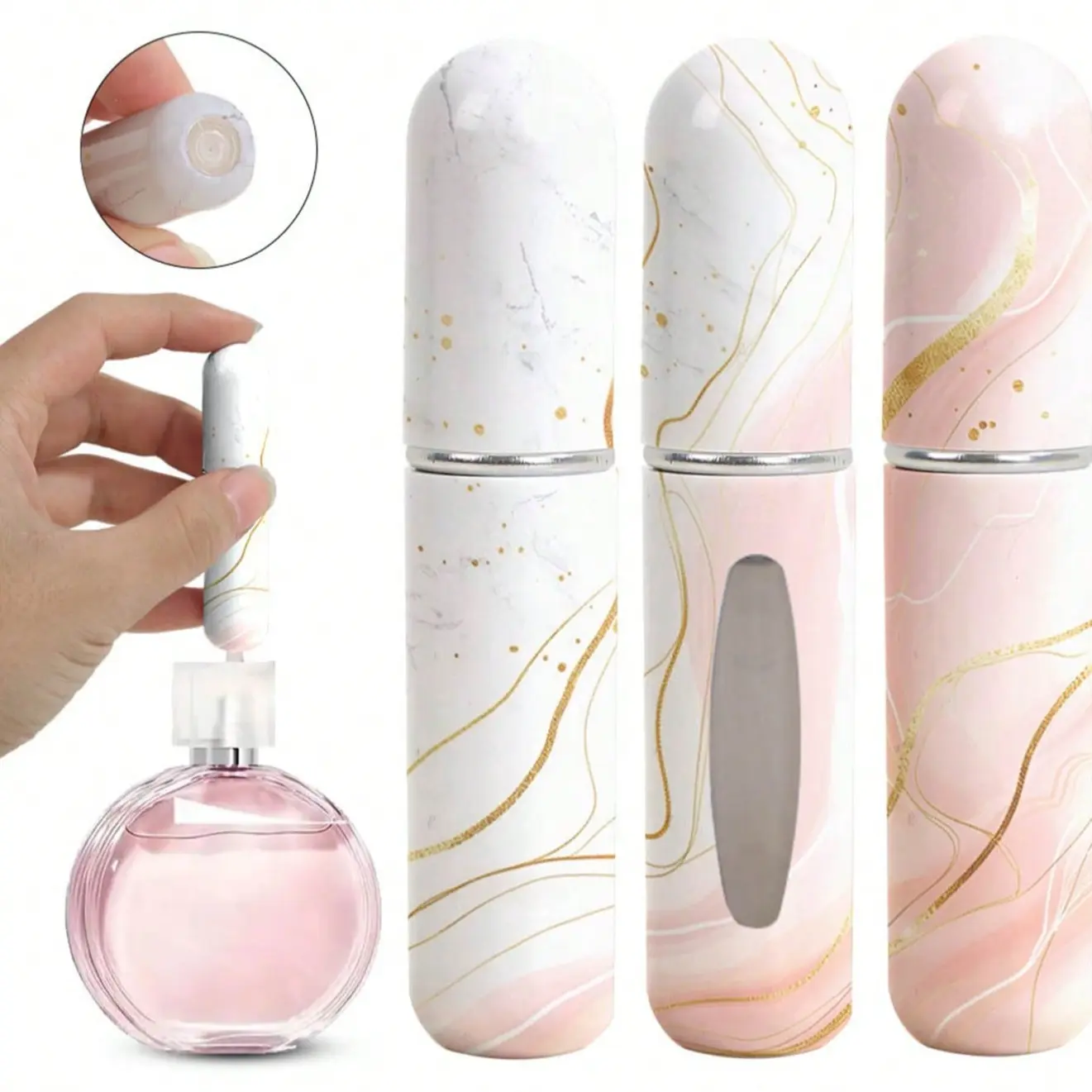 A sample of a mini 5ML spray bottle with high-end marble pattern. It can hold perfume. The portable Lightweight atomizer bottle can be filled with perfume spray directly at the bottom. It is suitable for travel and going out