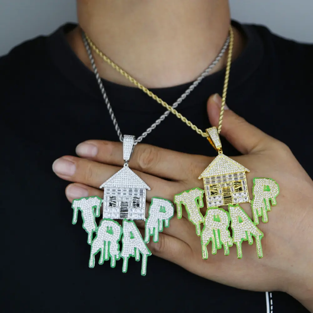 Trap House Pendant Iced Out Dripping Letter Glow Edge Statement Charm for Hip Hop Streetwear Vibe