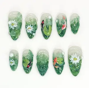 199.Koi Pond Garden Press-On Nails, 3D Hand-Painted Koi Fish, Water Lilies, Bubbles & Swirls, Deep Green Water Tones, Tranquil Naturecore Vibes, Custom Handmade Nail Art, Zen Gift for Her