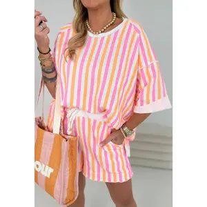 Pink Stripe Drop Shoulder Half Sleeve Loose Tee and Shorts Casual Set