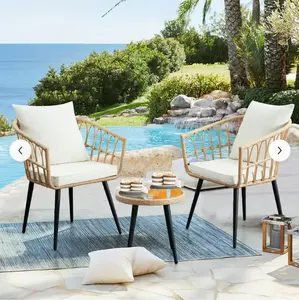 3 Piece Patio Bistro Set, Outdoor Wicker Furniture Set, All Weather Rattan Conversation Set with Cushions Round Table for Garden, Balcony, Backyard, Porch, Deck - Beige