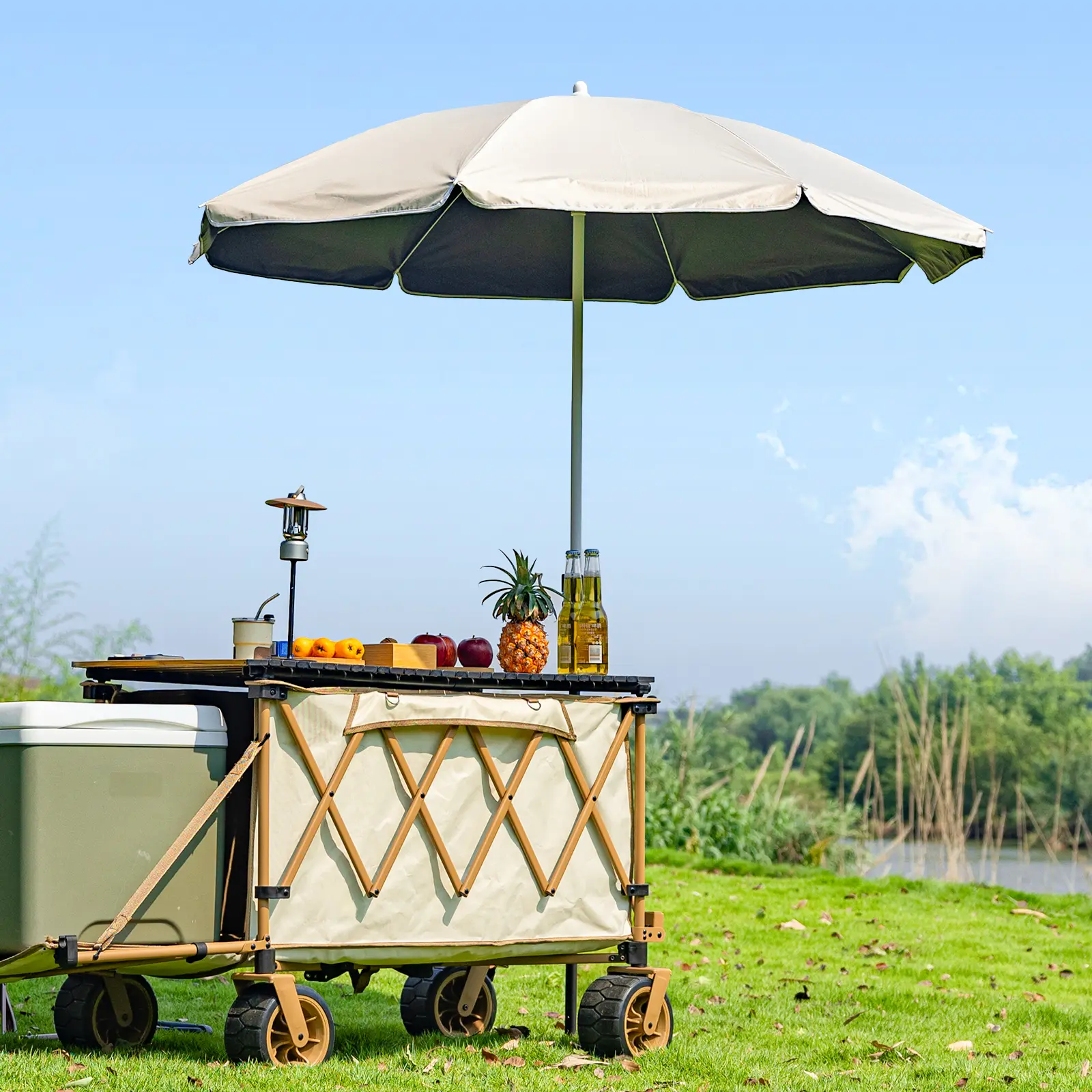OMNIRA High Quality Portable Foldable Camping Trolley - Heavy Duty Multipurpose Camping Cart Wagon with Removable Umbrella and All-Terrain Wheels, Customizable Folding Outdoor Utility Gear