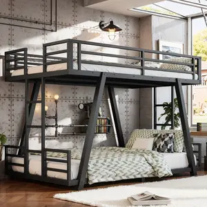 【Sub 2 packages】Niccae Twin XL over Twin XL Bunk Bed with 2 Side Ladders, Metal Bunk Bed with Spdcial Support Leg Design, Low Profile Bunk Bed, Black