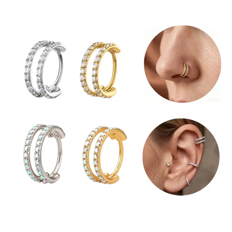 Oufer 20G Hinged Segment Aligned CZ Double Hoop Nose Ring 316L Stainless Steel Adjustable Comfortable Fit Elegant Design Corrosion Resistant Classic Look