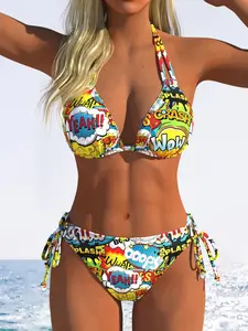 Artistic Cartoon Print Halter Neck Bikini Set, Tie Design, Women's Summer Beach Resort Swimwear, Sexy Slim-Fitting, All Seasons