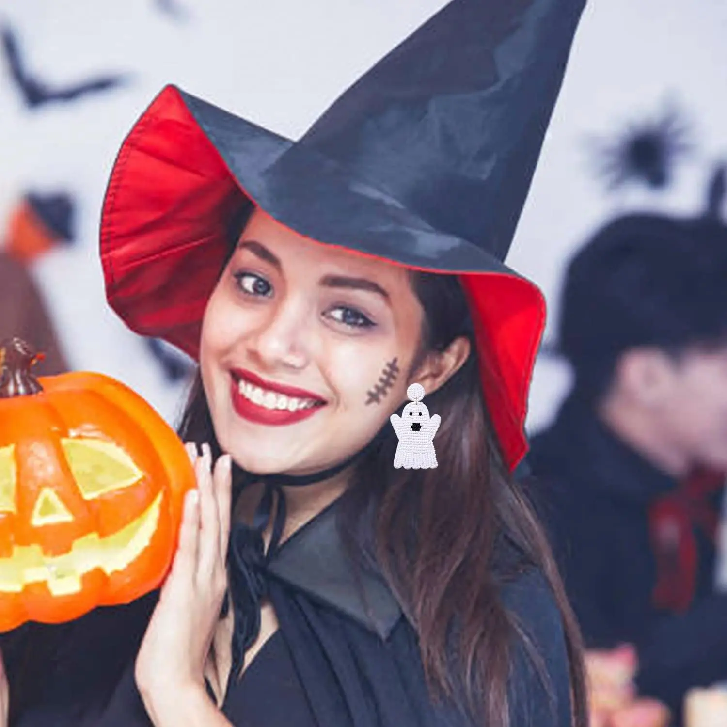 2 Pairs Halloween Beaded BOO Ghost Drop Earrings for Women Handmade Pumpkin Teardrop Dangle Earrings Statement Festive Party Costume Jewelry Gifts