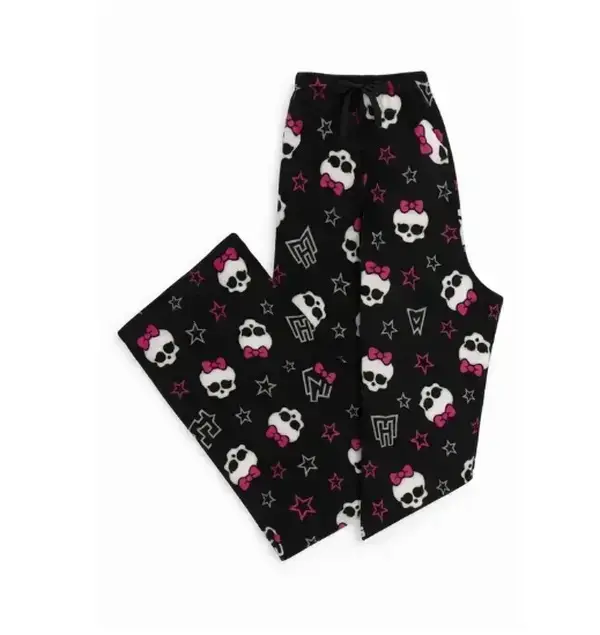 Gothic Skull Bow Pajama Pants – Black & Pink Star Print Unisex Lounge Pants, Cozy Gothic Sleepwear Bottoms