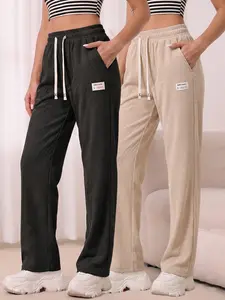 Women's Ribbed Knit Straight Leg Pants, Elastic Waist Drawstring Casual Trousers with Minimalist Label Patch