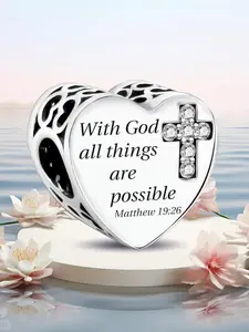New Original Designed Silver Color Plated Charm Popular Exquisite Heart-Shape Holy Bible Rhinestone Decorated Cross Collection Charm Pendant Ball Suitable for Bracelets Making Kits DIY Women Jewelry Gift Ladies Daily Wear Anniversary Perfect Choice