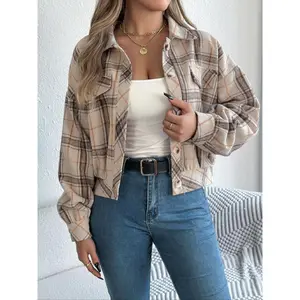 Women's Plaid Print Button Front Drop Shoulder Jacket, Casual Long Sleeve Collared Outerwear for Fall & Winter, Ladies Clothes for Daily Wear