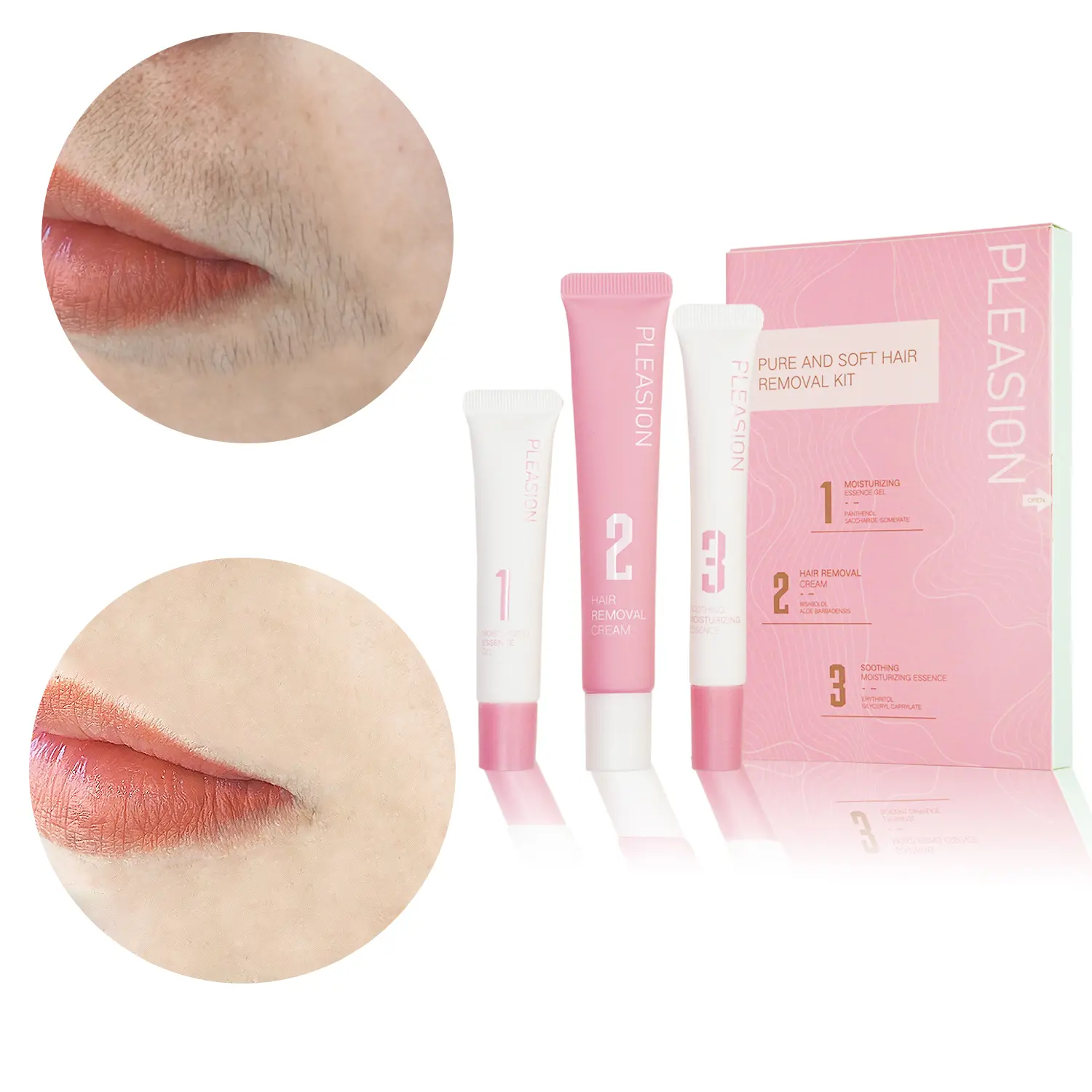 PLEASION Facial Hair Removal Kit for Women, Painless Moisturizing Cream with Aloe for Sensitive Skin, Alcohol-Free Formula for Upper Lip, Chin & Cheeks