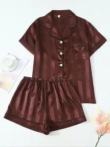 Two-piece Comfortable Satin Brown Big Stripe Spring and Summer Short-sleeved Lapel Top and Bow Shorts Women's Casual Pajamas Set Pjs Loungewear, Nightwear