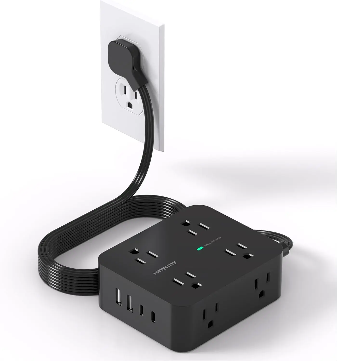 Power Strip Surge Protector, 5Ft Ultra Thin Flat Extension Cord with Multiple Outlets, 8 Widely Outlet Extender 4 USB Ports(2 USB C), 1080J Wall Mount for College Dorm Room Essentials Black