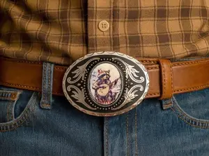 Raccoon Banjo Belt Buckle: Western Style Silver Buckle, Fits 1.5" Strap