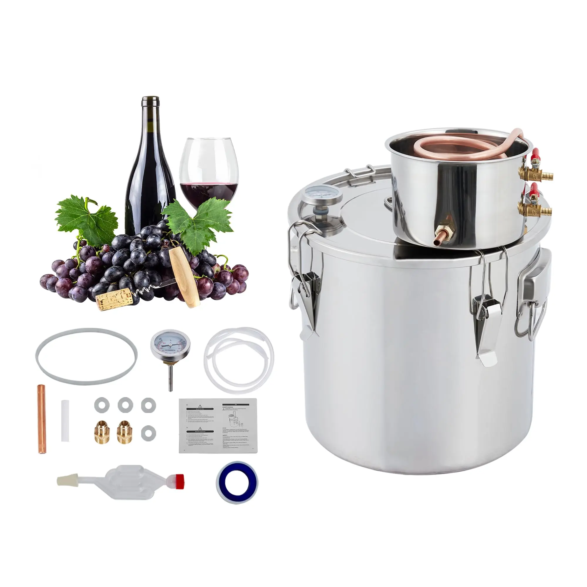 10 Gallon Stainless Steel Water Alcohol Distiller, Home Brewing Kit with Copper Tube Cooling System and Built-in Thermometer, Thickened Bottom for Multi-Stove