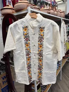 Hand Embroidered Button Down Shirt - Mexican Style Guayabera in Black Beige & White Cotton Fabric