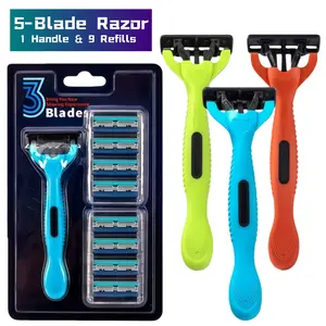 Men's Razor Kit, Men 3 Blade Shave Razor Kit Non-Slip for Sensitive Skin, Razors Shaving Kit for Women Men, Hair Removal for Face Legs Full Body, Includes 1 Handle & 9 Refills