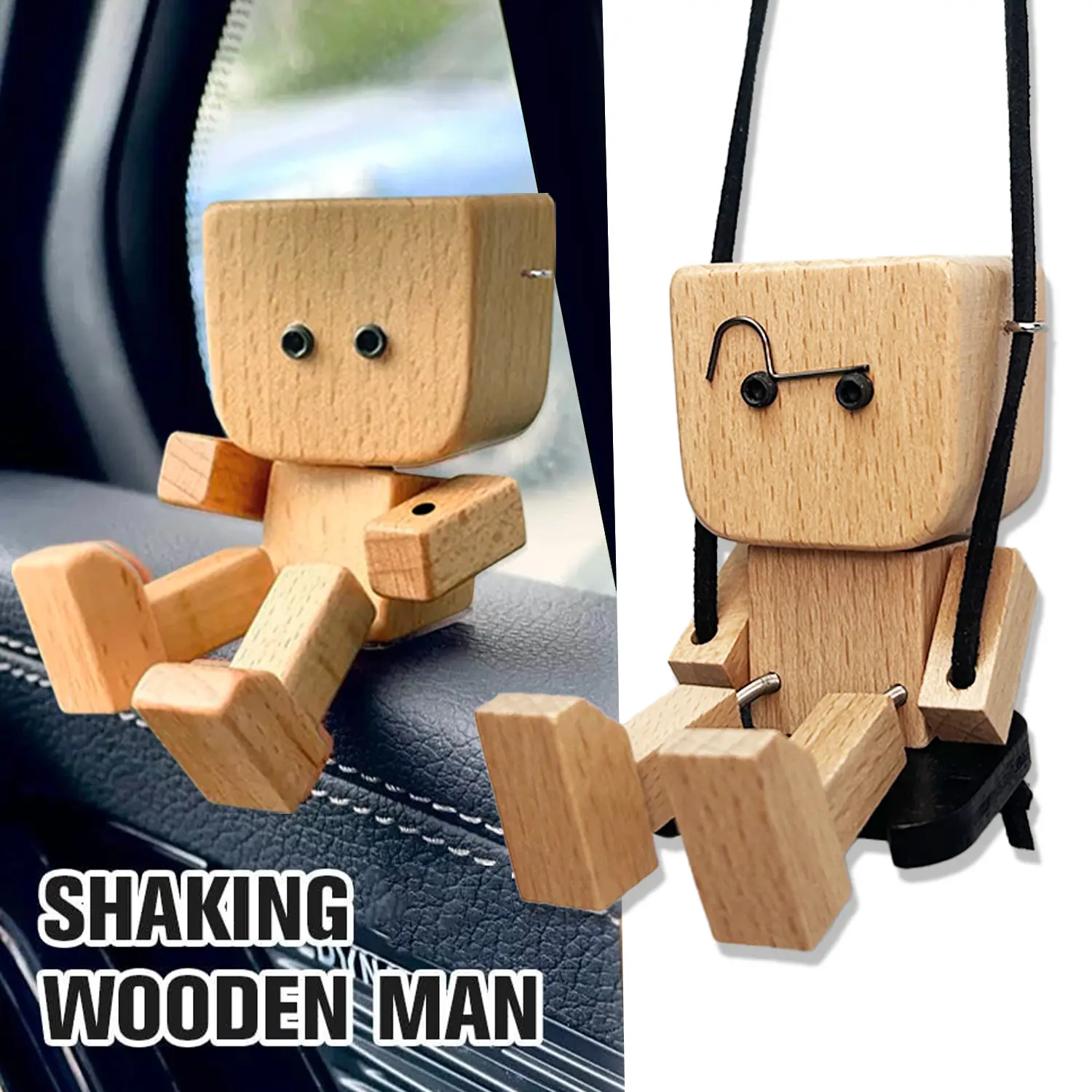Shaking Wooden Man with Swing - 12Pcs Changeable Faces, Shaking Feet Wooden Doll for Car Dashboard Decorations, Funny & Creative Desktop Office Desk Decor