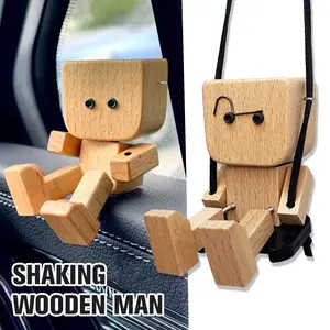 Shaking Wooden Man with Swing - 12Pcs Changeable Faces, Shaking Feet Wooden Doll for Car Dashboard Decorations, Funny & Creative Desktop Office Desk Decor
