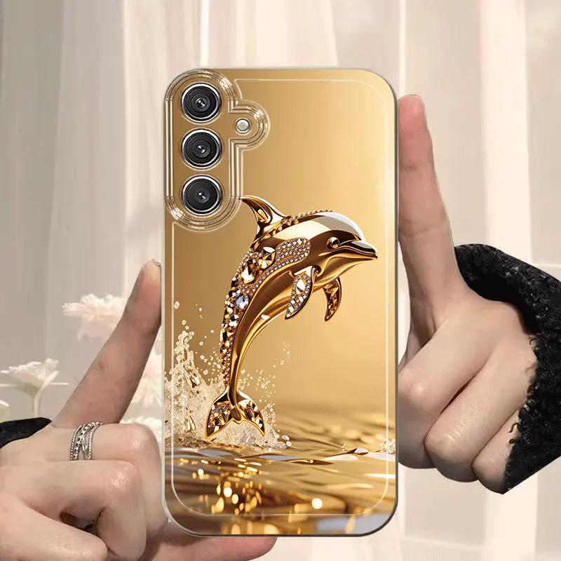 Golden Dolphin Diamond Pattern Phone Case, suitable for Samsung Galaxy A14 A15 A16 A23 A24 A25 S21/S22/S23/S24/S25/S26 FE/Plus/Ultra, stylish and cute transparent anti-drop TPU phone case