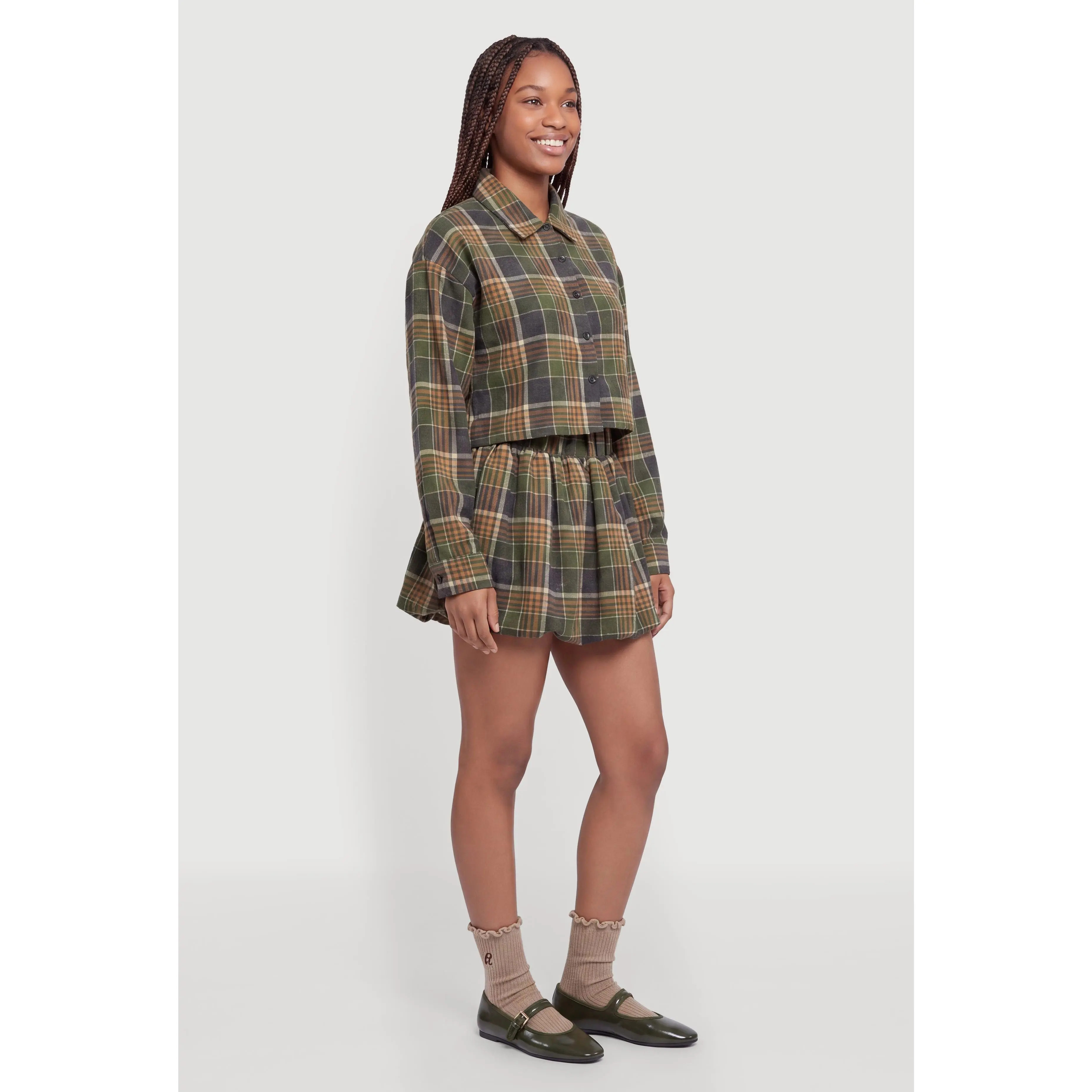 Brushed Knit Plaid Bubble Hem Mini Skirt