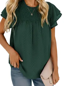 ZEAGOO Womens Summer Tops Floral Ruffle Short Sleeve Blouse Frill Trim High Neck Casual T-Shirts