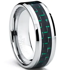 9MM Men's Tungsten Carbide Ring W/ BLACK & GREEN Carbon Fiber Inaly Sizes 7 to 13