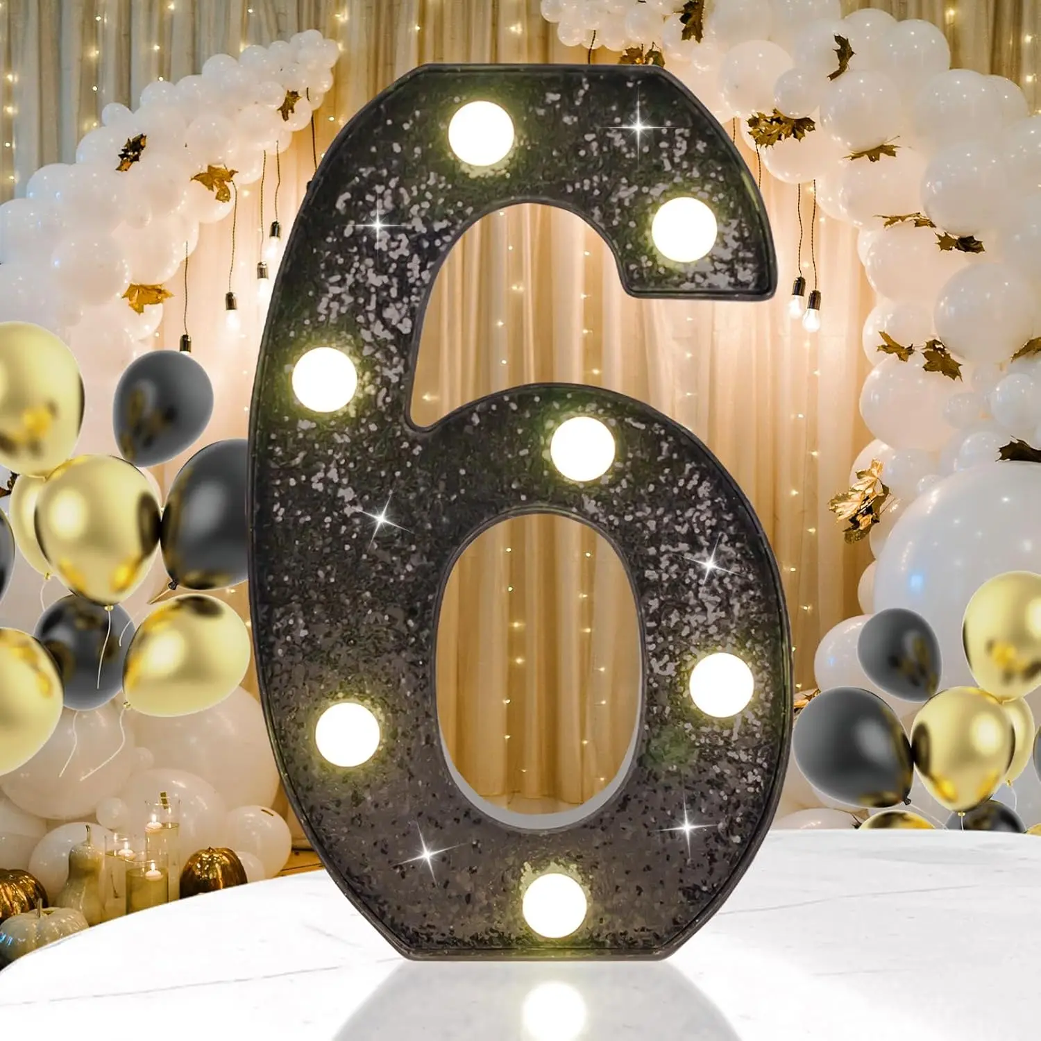 Plastic Glitter Black LED Marquee Number 6 Sign - Battery-Operated Sequined Party Lights, 1.77in Thick, 8.86in High, Wall-Hanging Home & Festive Decoration Ornaments for 6th Birthday Parties, Led Marquee Number Sign