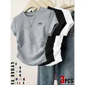 3pcs women's casual fashion slim fit small bow Butterfly print details simple solid color pleated pullover shirt women's round neck short sleeved three piece T-shirt TopRAIMENTRY