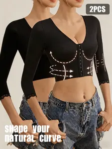 2PCS Arm Shaper for Women, Arm Compression Bra, Post Surgery Arm Lipo Compression 3/4 Sleeves with Lace Arm Front Closure Shapewear Bra