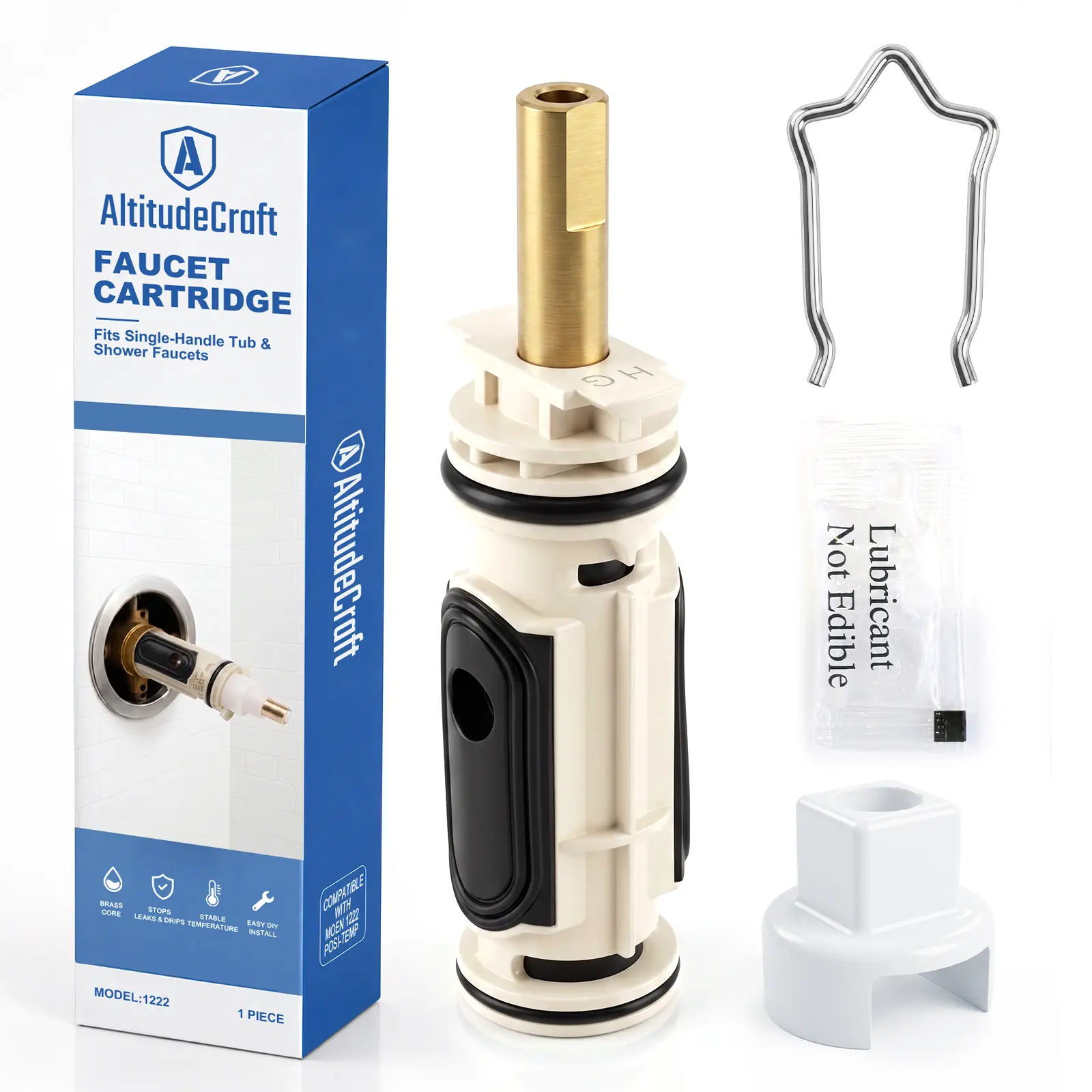 Cartridge Kit Compatible with Moen 1222 Replacement Cartridge for One-Handle PosiTemp Shower and Tub Faucet, Brass Core Valve Repair Kit, Fix Leaks, Drips, and Temperature Control Issues, Easy Installation