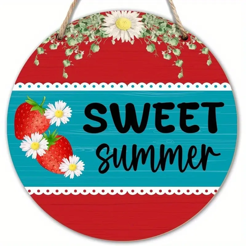 Summer Strawberry Daisy Floral Designs Door Hanging Decor, Hanging Flower Designs, Rustic Wooden Farmhouse Wall Art Hanging Decoration, Aesthetic Room Decoration, Indoor Outdoor Use, 9.2x9.2 Inches, Ornaments