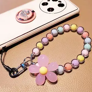 New Jelly Flower Phone Strap, Macaron Color Handmade Beaded Petal Phone Chain, Wristband Keychain Charm, Fashion Phone Accessories
