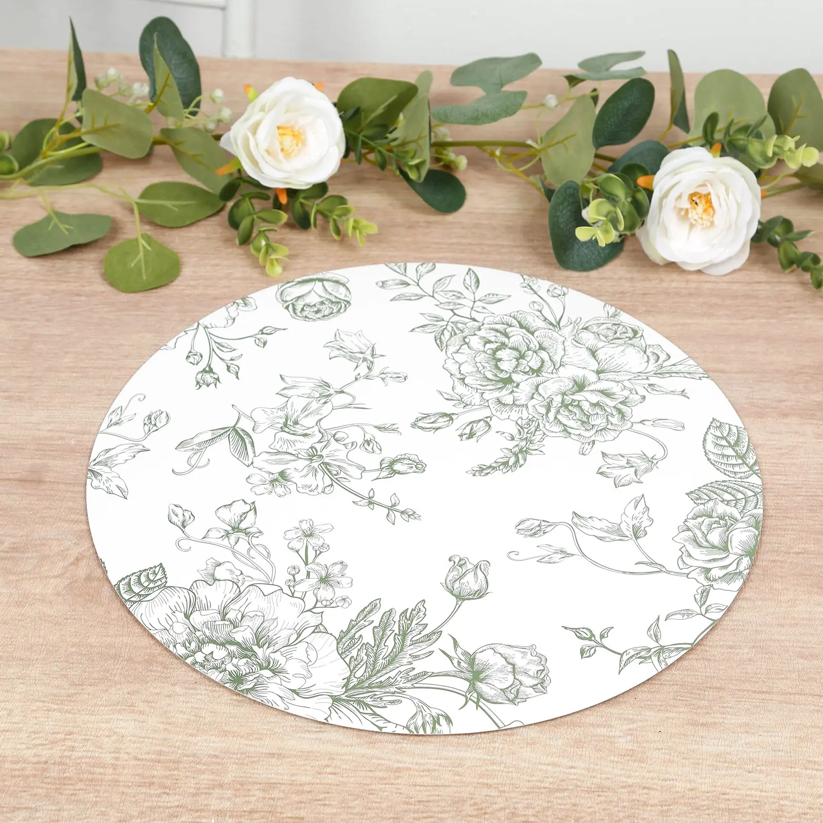 10-Pieces Disposable French Toile Print Placemats, 13in Matte White/Sage Green Classy Cardboard Dinnerware, Kitchen Decorative Tableware for Dinner Parties, BBQs, Kitchen Decorative Placemat