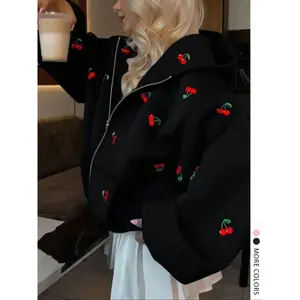Women's Fashion Casual Sweet Cherry Print Long Sleeve Hooded Zipper Jacket Sweatshirt, Fall & Winter Kint Fabric, Moderate Thickness