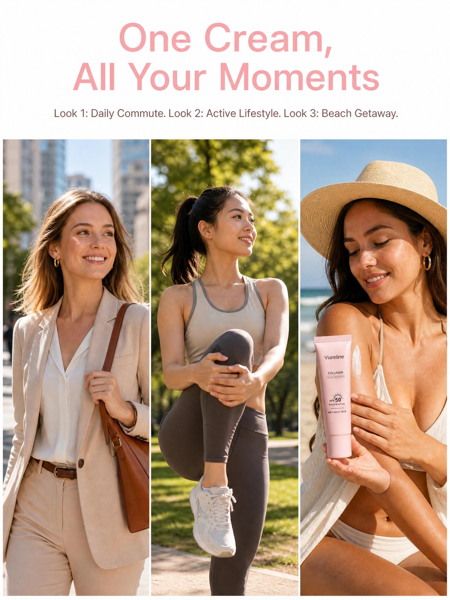 No Cast Just Glow Collagen Sunscreen | SPF 50 Broad Spectrum Face Sunscreen | Lightweight, Non-Sticky, Hydrating Formula | No White Cast or Residue | Peptide, Cica for Soothing & Natural Glow