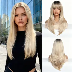 24 Inch Dark Root Ash Blonde Straight  Hair Wig with Bangs | Layered  Hair Wig | Heat Stylable