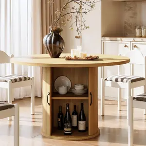 47" Round Dining Table for 4, Modern Fluted Circle Kitchen Table with 2-Layer Storage and Sliding Door, Farmhouse Dinner Tables for Kitchen, Dining Room,