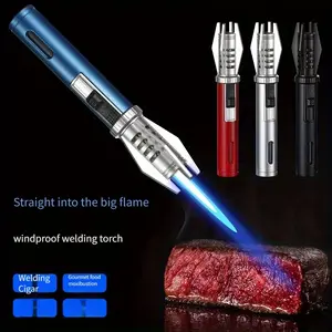 Butane Gas Lighter 360° Use Metal Outdoor Windproof Turbine Torch Jet Lighter  BBQ Welding  Tool 1PC Red Flame Excluding Butane Gas(Butane Gas Is Not Included/Self-Contained Gas Is Required)