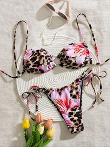 two-piece set women's bikini top & floral bikini bottom bikini set, casual fashion chic swimsuit set for beach holiday vacation, ladies swimwear for all seasons, swimsuit for women, bikinis sets, bathing suits, bikini outfits, floral pink bikini