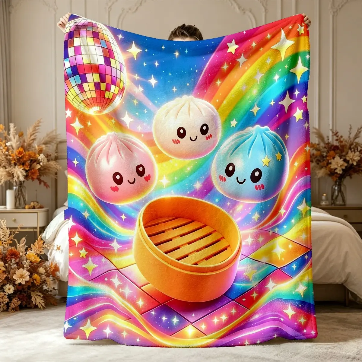 1pc Disco Ball Rainbow Cartoon Dumpling Steamer Starry Print Flannel Blanket, Soft & Cozy, All-season, Machine Washable. Fit for Nap, Sofa, Bed, Office, Camping, Travel, Party Decor Gift for Family, Friends and