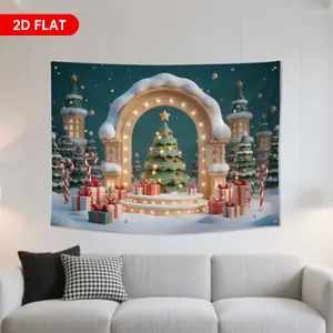 Romantic Christmas Decor Background Cloth, Snow-Covered Archway with Lights, Gift Boxes, Castle Shape Tree, Polyester Material
