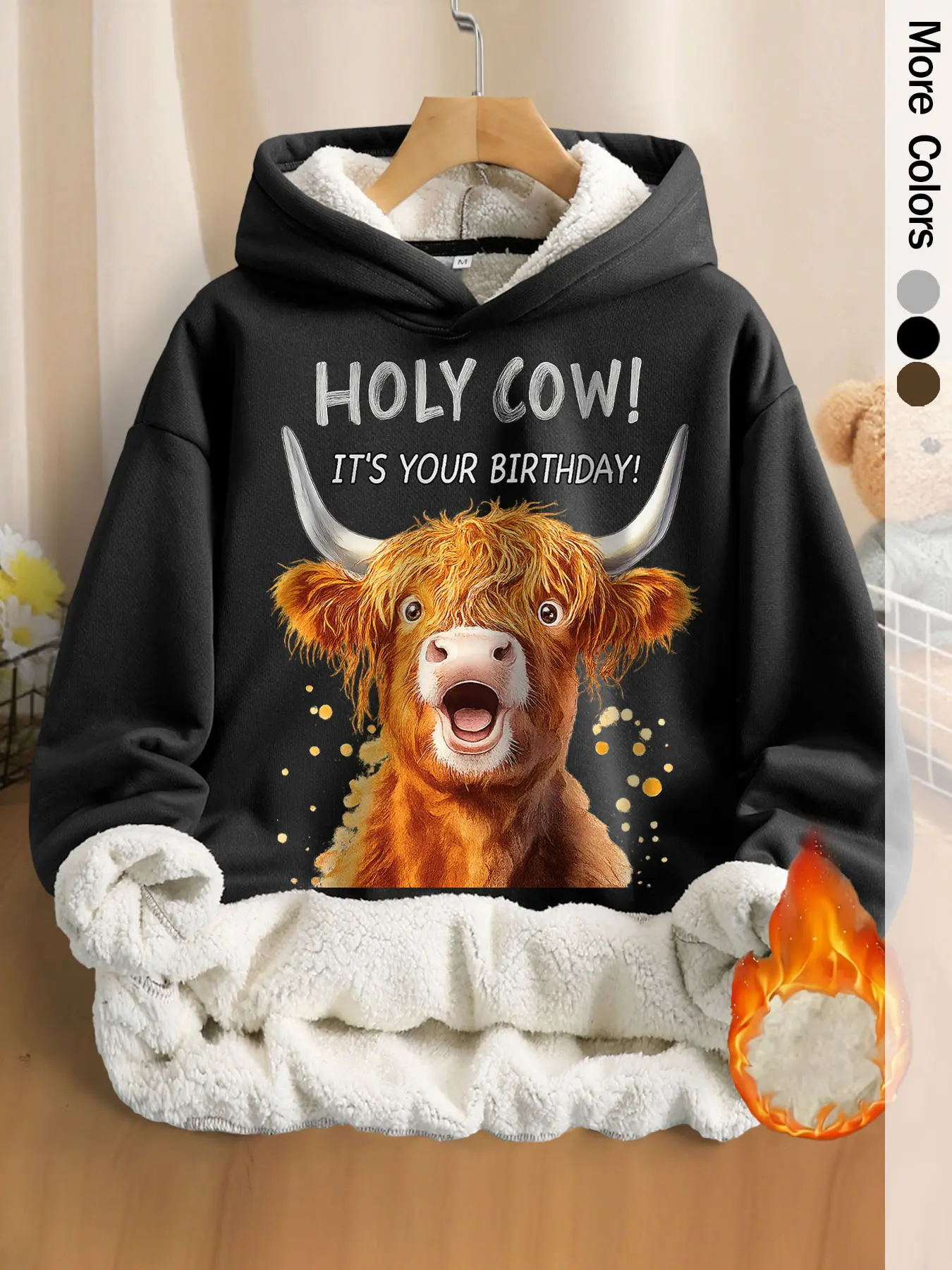 Women's Casual Loose Fit Fleece Hoodie, Fall & Winter Letter Cow Print Design, Perfect for Daily Wear, Comfortable Warm Clothing