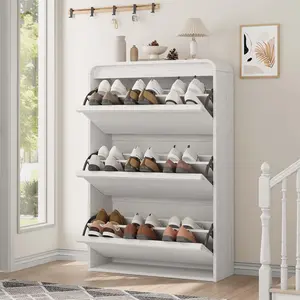 OP-Modern Shoe Cabinet with 3 Flip Drawers, Classic Wooden Shoe Cabinet with Adjustable Shelf, Shoe Storage for Entryway, Hidden Shoe Cabinet for Hallway, Living Room