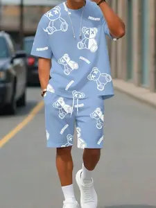Men's Breathable Quick-Dry Sports Set, Cartoon Bear Print, Casual Streetwear, Fitted Short Sleeve Suit, All Seasons